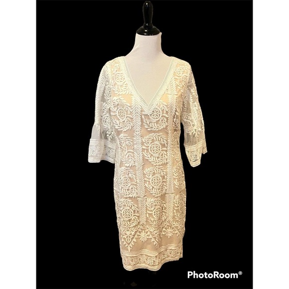 Soieblu Dresses & Skirts - Soieblu •Women 1XL• Ivory Sheer Embroidered Lace Nude Underlay Dress Bell Sleeve